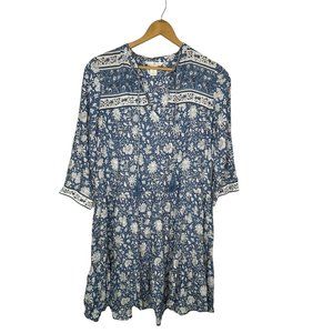 H&M L.O.G.G. Blue Floral Prariecore Boho Peasant Dress W Tassels @ Neckline 2